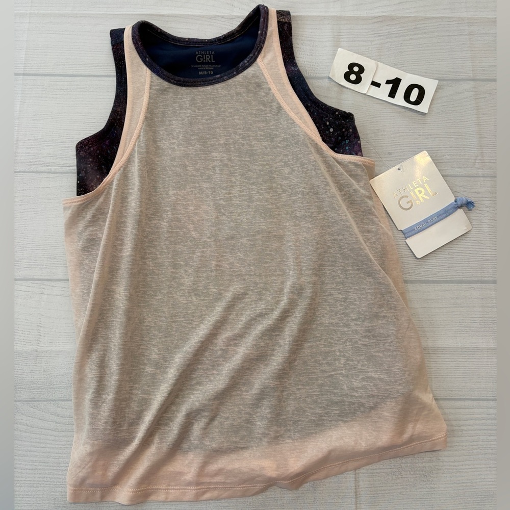 Athleta Girl Light Pink Sheer Tank with Navy Galaxy Underlayer